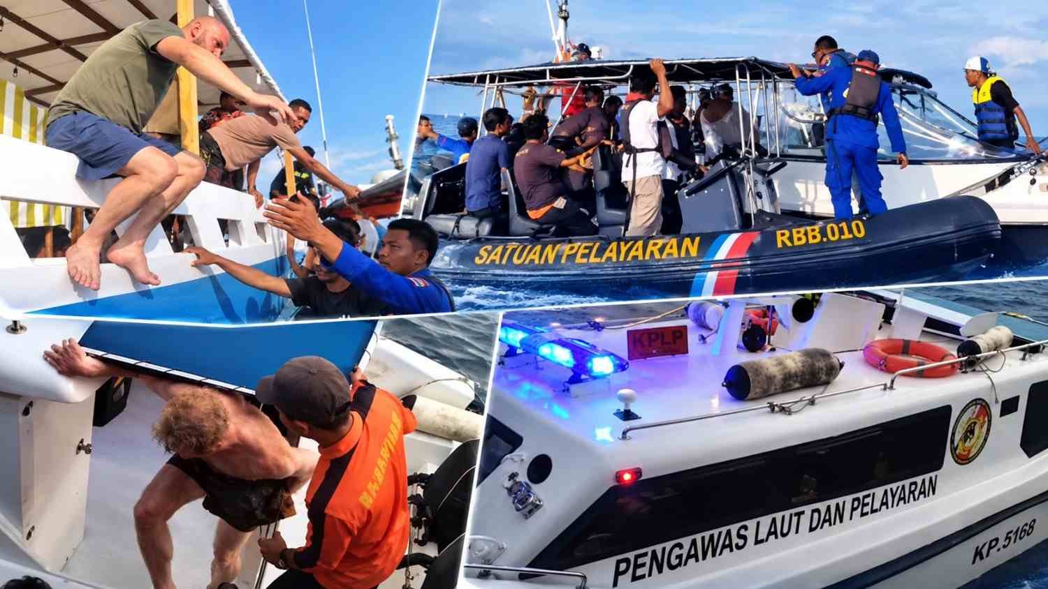 Kolase empat gambar yang memperlihatkan proses evakuasi penumpang menggunakan kapal penyelamat di perairan Labuan Bajo.