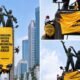 Greenpeace Indonesia membentangkan dua spanduk raksasa di Patung Selamat Datang, Bundaran HI, Jakarta.