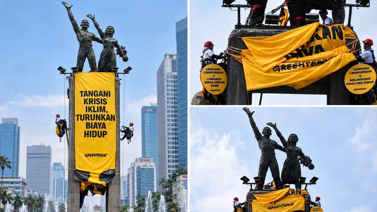 Greenpeace Indonesia membentangkan dua spanduk raksasa di Patung Selamat Datang, Bundaran HI, Jakarta.