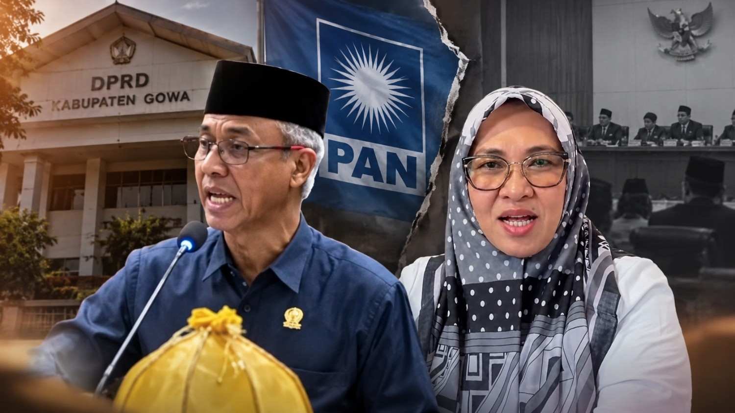 Kasim Sila dan Husniah Talenrang dalam ilustrasi polemik internal PAN usai pemakzulan Bupati Gowa
