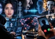 Ilustrasi kejahatan AI melalui deepfake, kloning suara, dan scam digital