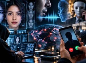 Ilustrasi kejahatan AI melalui deepfake, kloning suara, dan scam digital
