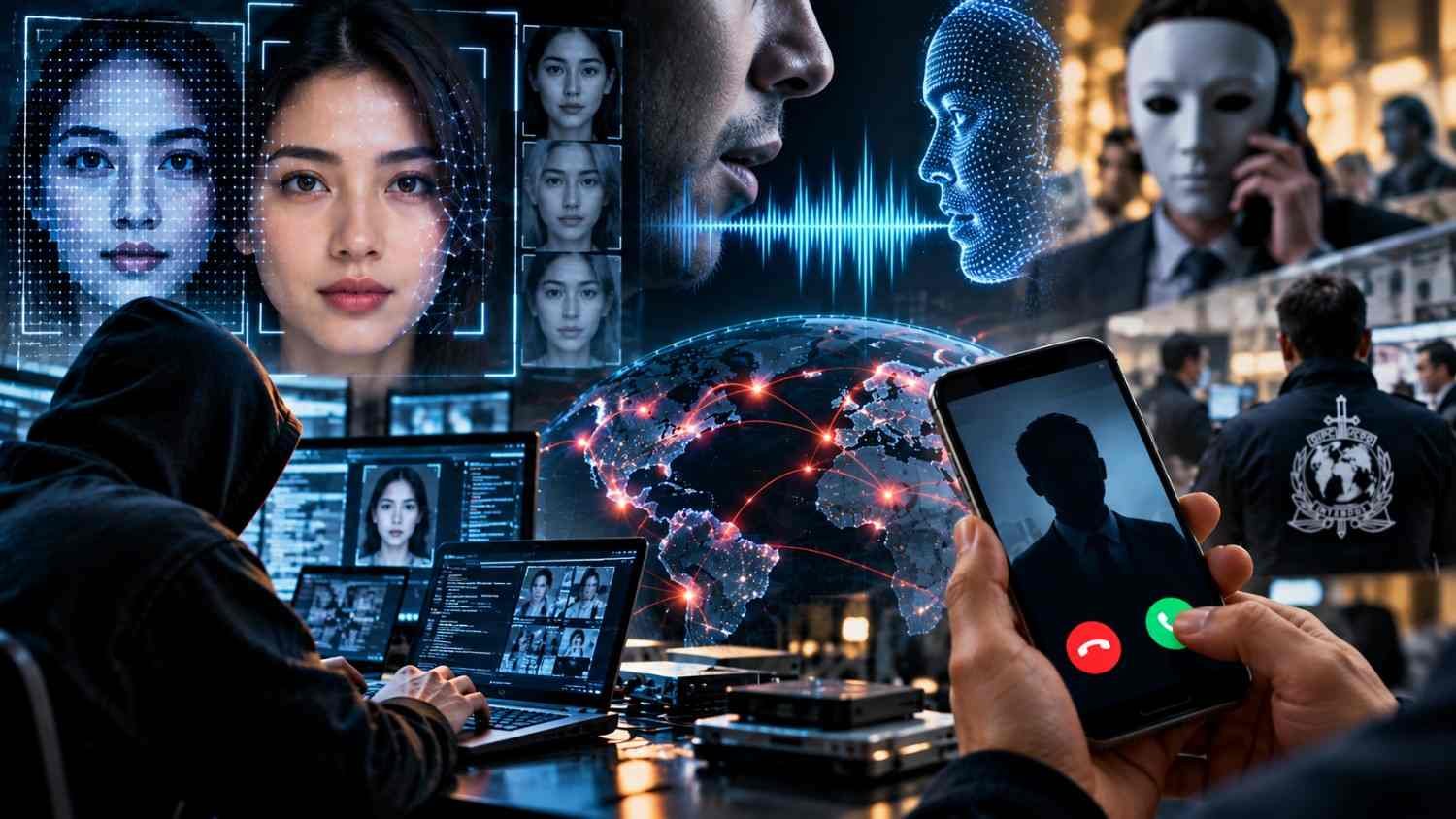 Ilustrasi kejahatan AI melalui deepfake, kloning suara, dan scam digital