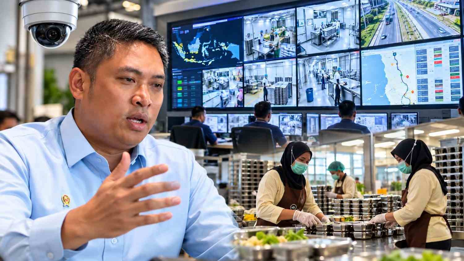 Kepala BGN Sudaryono dengan ilustrasi pusat pemantauan CCTV dan aktivitas dapur Makan Bergizi Gratis.