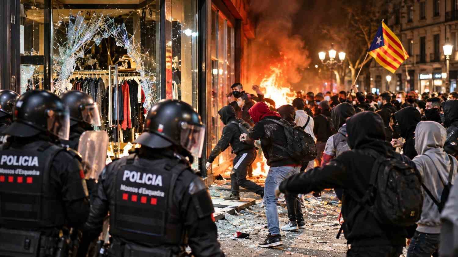 Kerusuhan Barcelona 2026, polisi menghadapi massa di tengah kebakaran dan kerusakan pertokoan