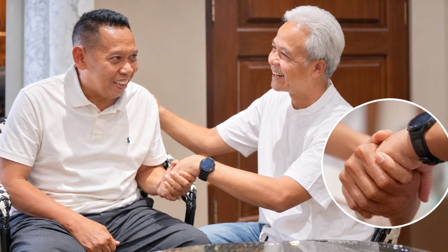 Ilustrasi Tukul Arwana bersama Ganjar Pranowo dengan sorotan genggaman tangan saat pemulihan pascastroke