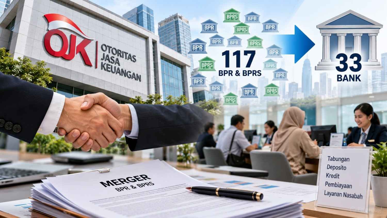 Ilustrasi OJK menyetujui merger 117 BPR dan BPRS menjadi 33 bank dengan perhatian pada perlindungan nasabah
