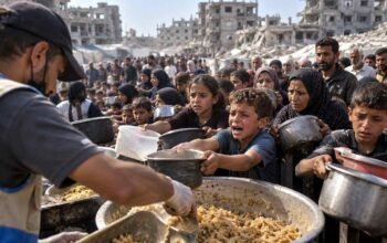 Warga Palestina mengantre bantuan makanan di Jalur Gaza saat WFP memangkas bantuan pangan akibat kekurangan dana
