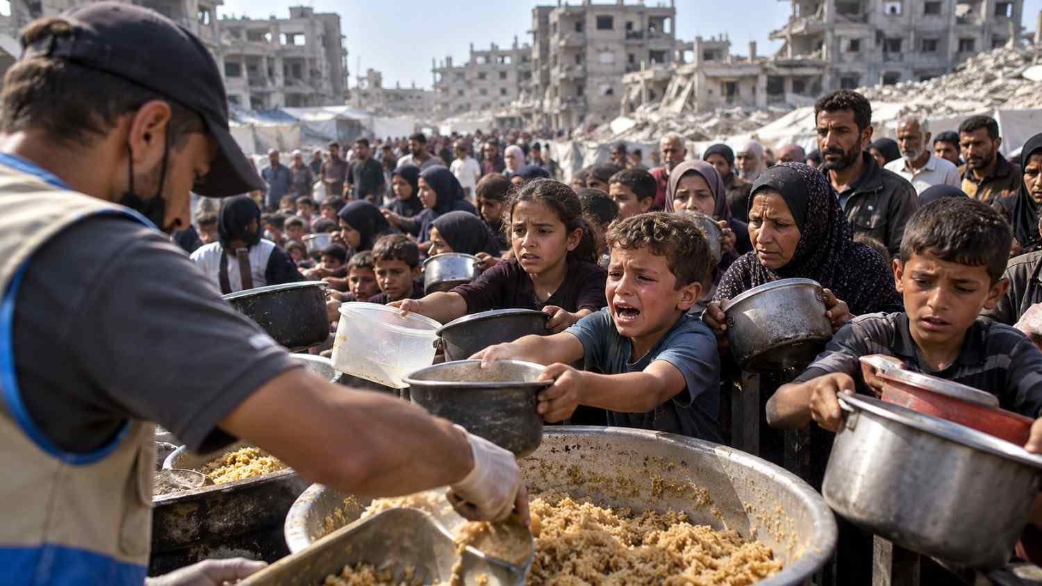 Warga Palestina mengantre bantuan makanan di Jalur Gaza saat WFP memangkas bantuan pangan akibat kekurangan dana