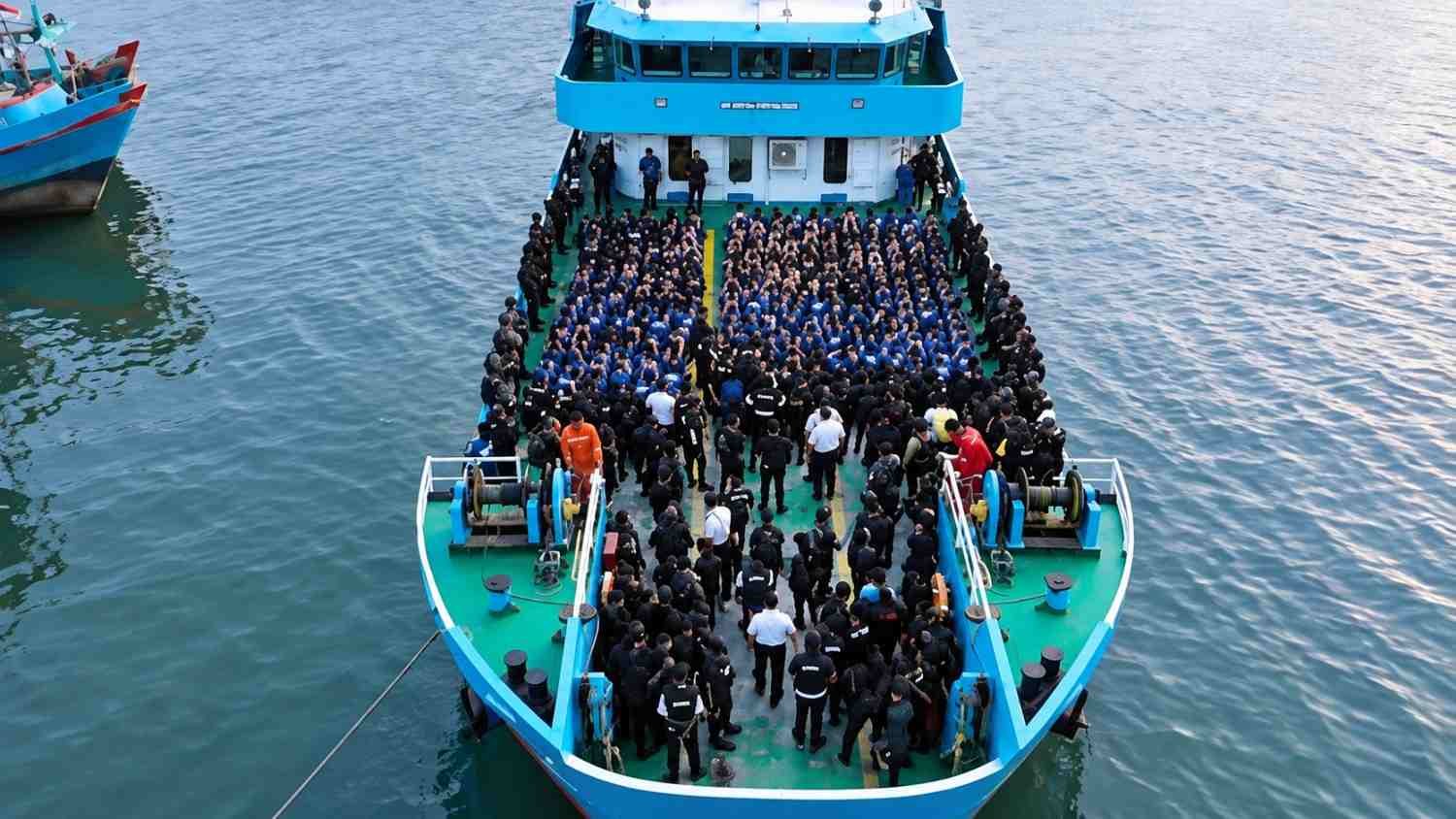 Ilustrasi kapal yang membawa rombongan narapidana dengan pengawalan petugas menuju Nusakambangan.