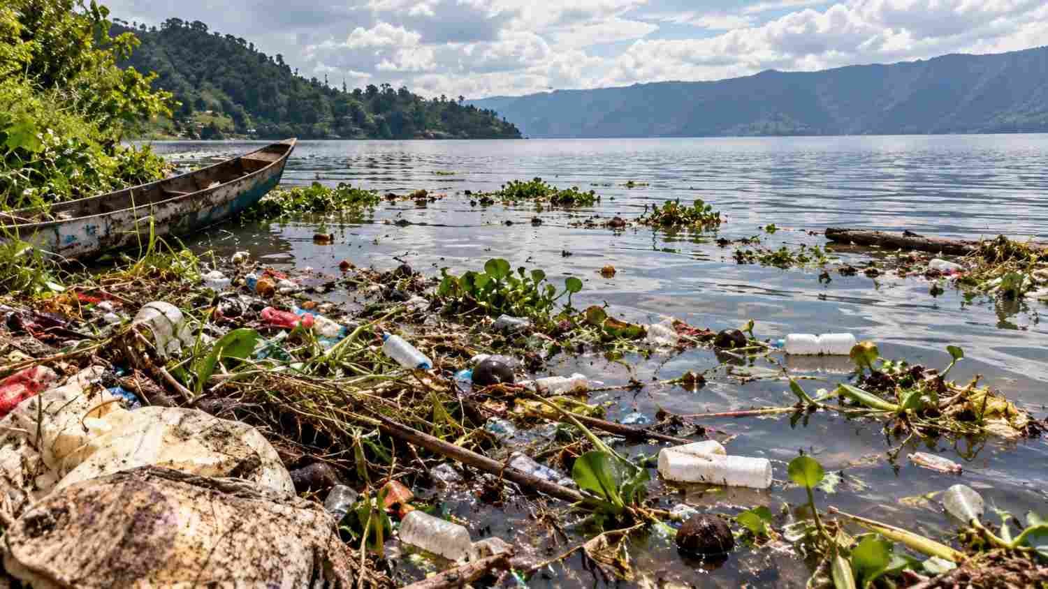 pencemaran danau toba terlihat dari sampah plastik dan limbah di tepian danau