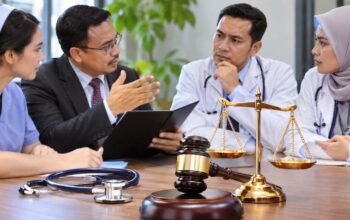 : Ilustrasi pendampingan hukum dokter dan tenaga kesehatan terkait sengketa pelayanan medis di Indonesia.