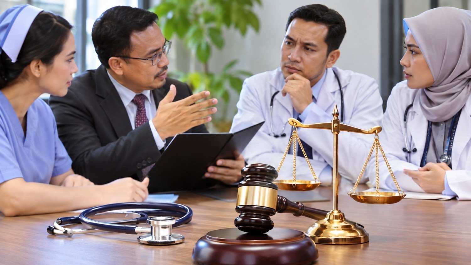 : Ilustrasi pendampingan hukum dokter dan tenaga kesehatan terkait sengketa pelayanan medis di Indonesia.