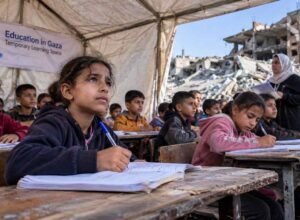 anak-anak gaza mengikuti pembelajaran sementara di tengah kerusakan gedung sekolah