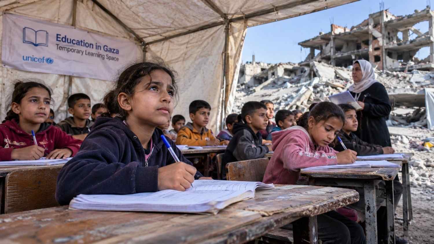 anak-anak gaza mengikuti pembelajaran sementara di tengah kerusakan gedung sekolah