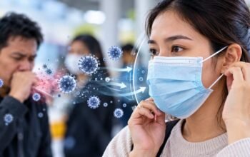 Penggunaan masker medis untuk membantu mengurangi penularan virus influenza A melalui partikel pernapasan.