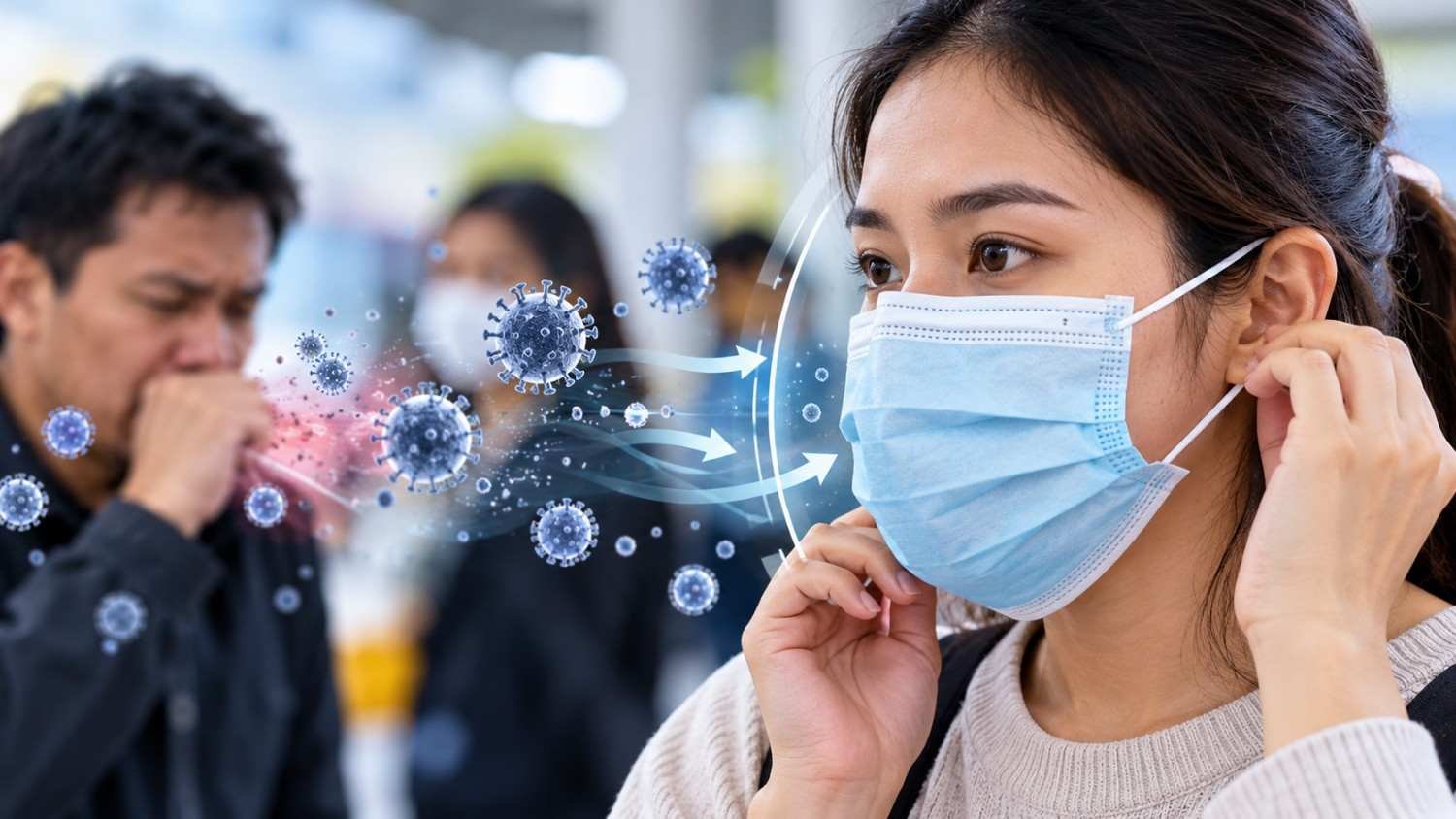 Penggunaan masker medis untuk membantu mengurangi penularan virus influenza A melalui partikel pernapasan.