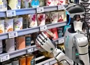 Robot humanoid HIVE Robots menjalani pengujian pengisian rak barang di supermarket Føtex, Denmark, pada 2026