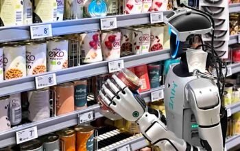 Robot humanoid HIVE Robots menjalani pengujian pengisian rak barang di supermarket Føtex, Denmark, pada 2026