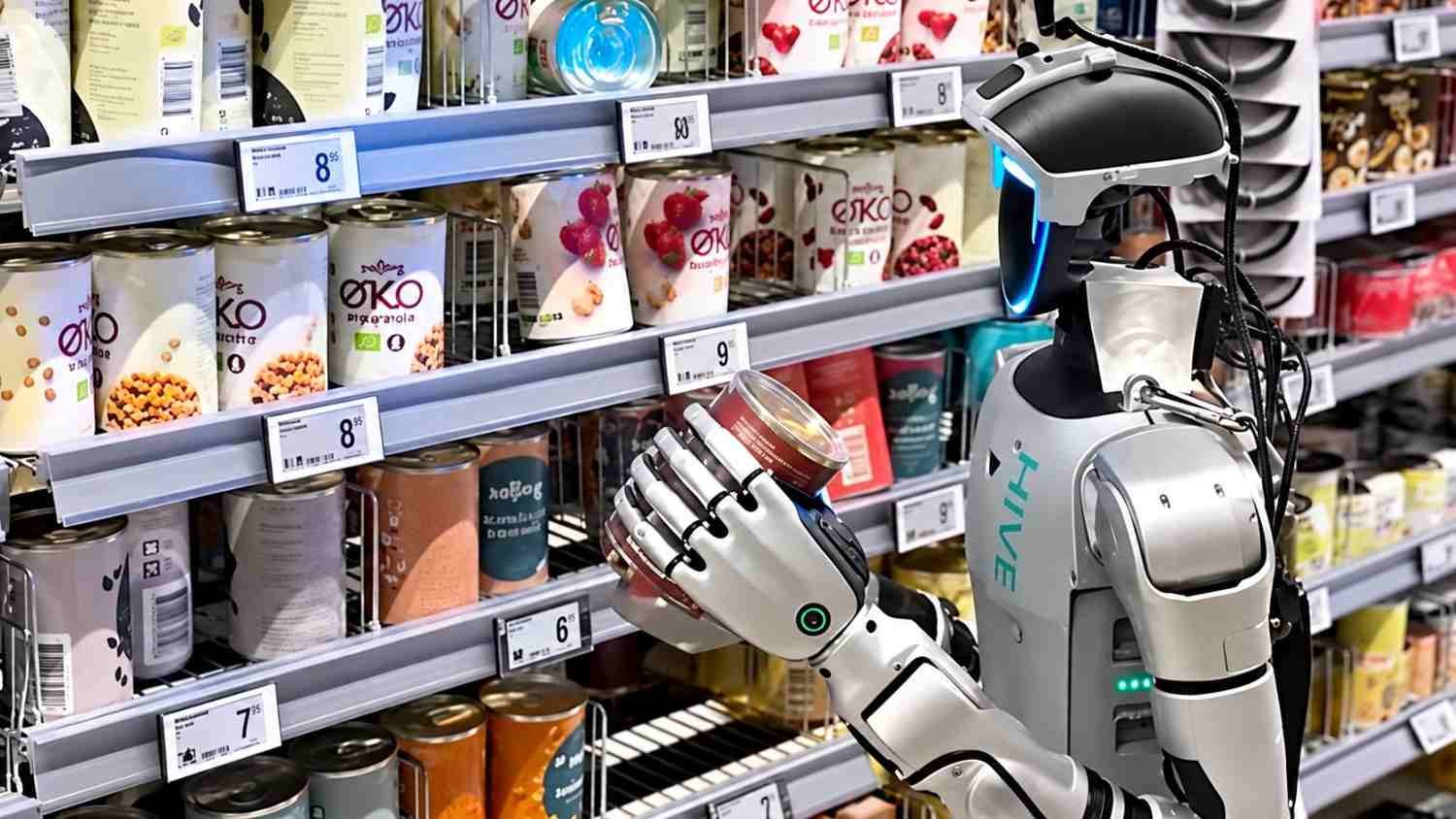 Robot humanoid HIVE Robots menjalani pengujian pengisian rak barang di supermarket Føtex, Denmark, pada 2026