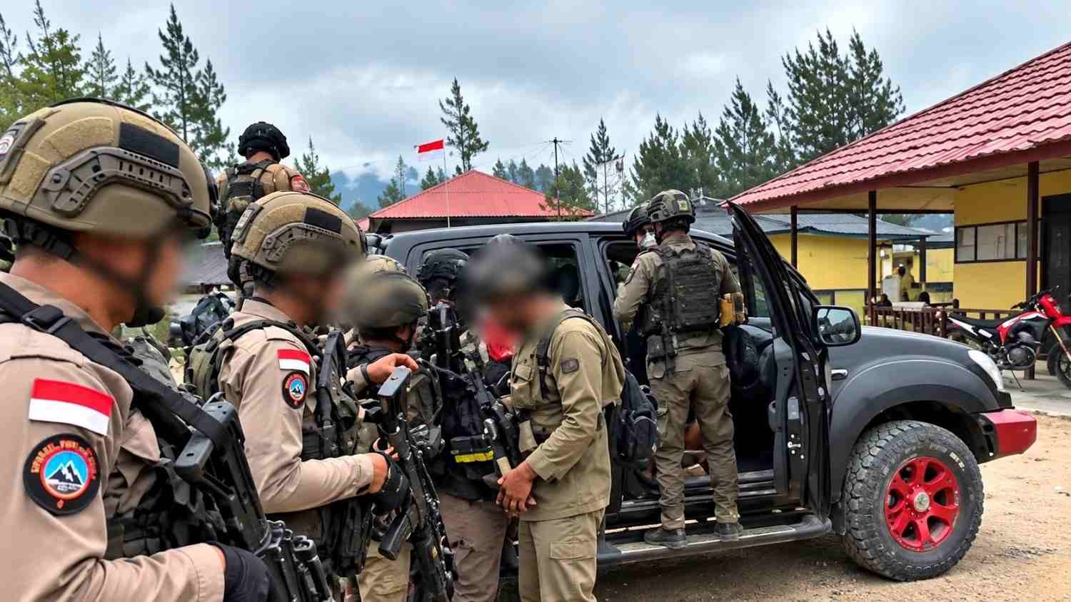 Personel Satgas Damai Cartenz dalam ilustrasi penangkapan buronan kasus pembakaran camp PT Unggul di Kabupaten Puncak, Papua Tengah.